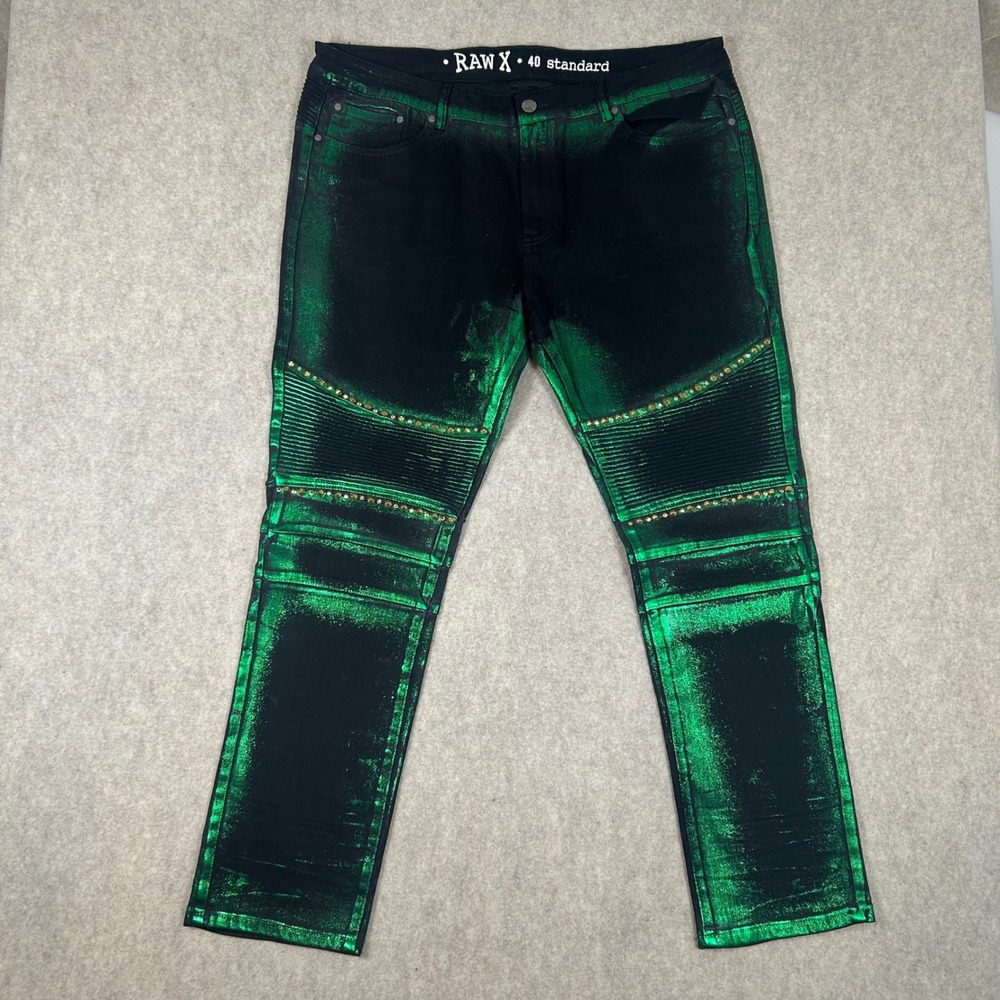 Raw X Moto Jeans Mens 40 Green Black Metallic Foil Studded Biker Streetwear